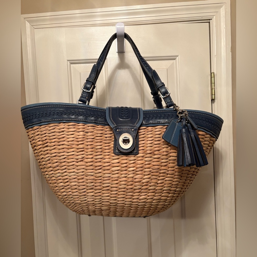 Woven Straw Tote with Navy Leather Trim